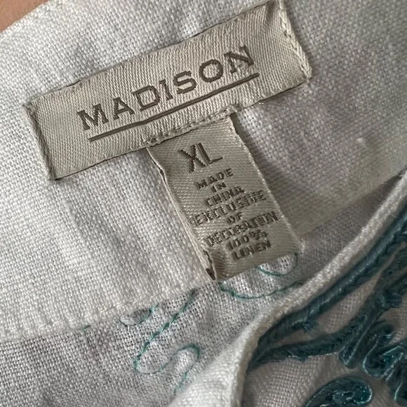 Madison Size XL Linen White Embroidered Trim Tunic Teal Split Neck Long Sleeve - Picture 6 of 8